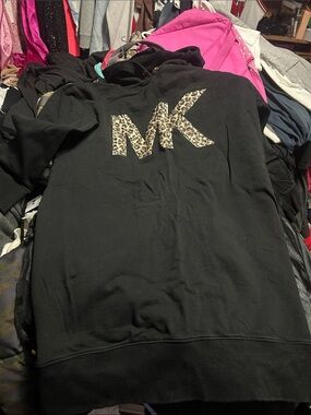Michael Kors Black Hoodie Dress with Leopard MK Print